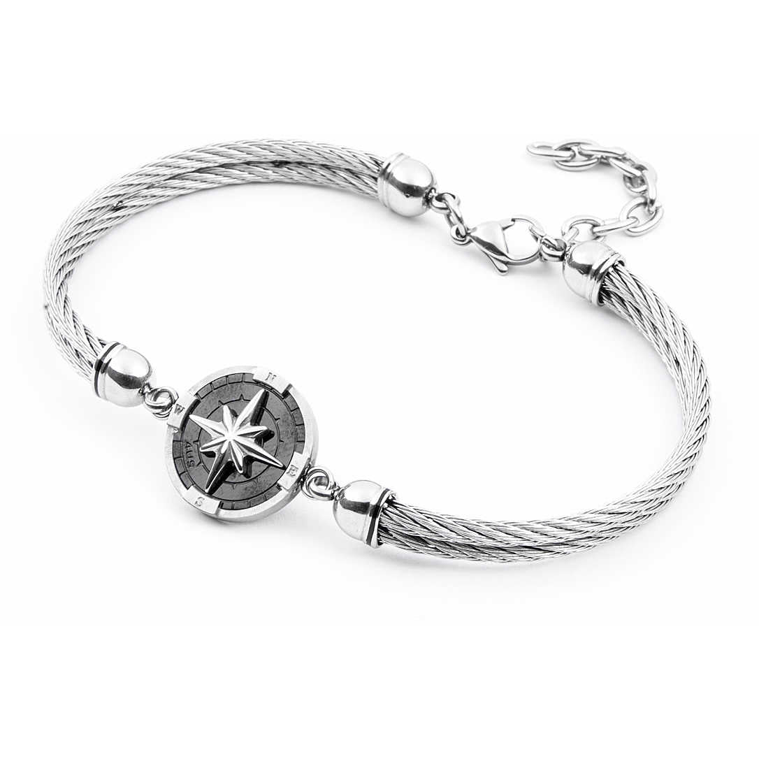 Bracciale Uomo 4US Cesare Paciotti Acciaio Bianco nero  con  rosa dei venti  4UBR4074